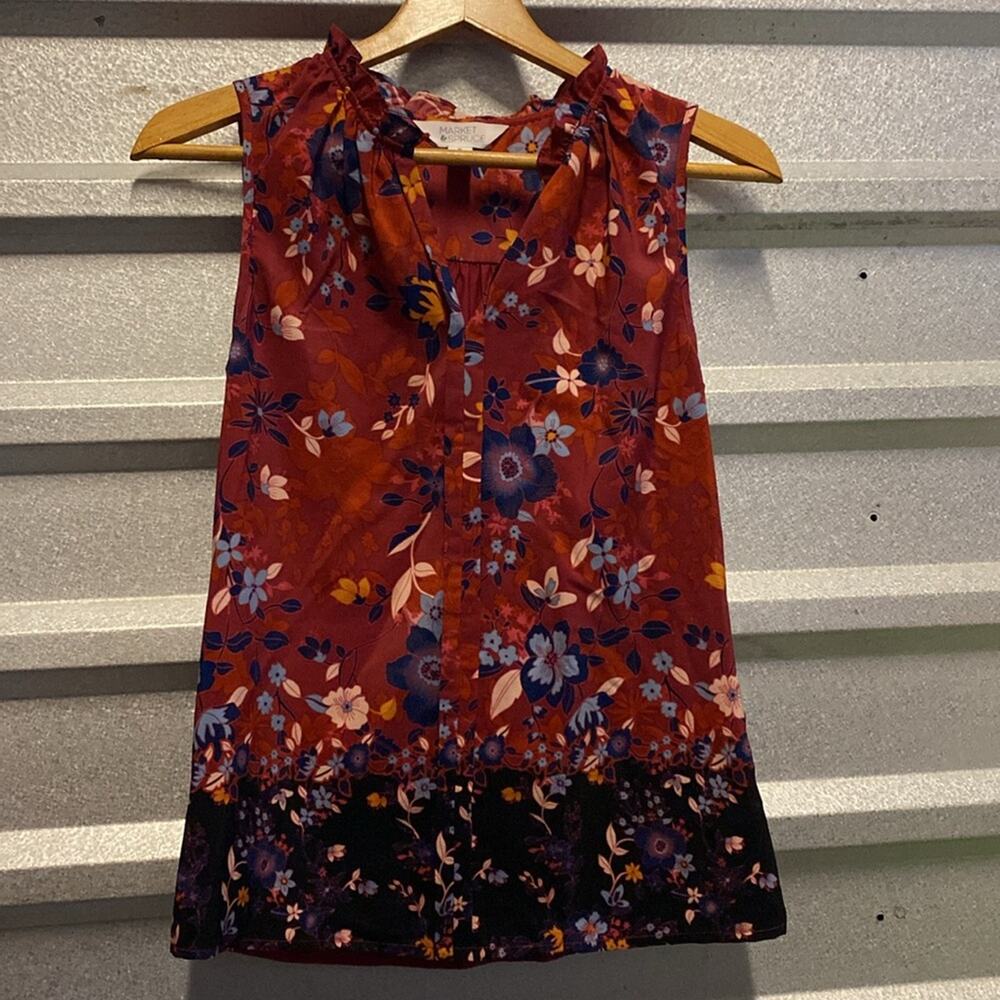 Market & Spruce women’s deep wine floral ruffle neck sleeveless blouse top